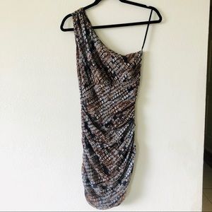 Reptile ruched one shoulder mini dress